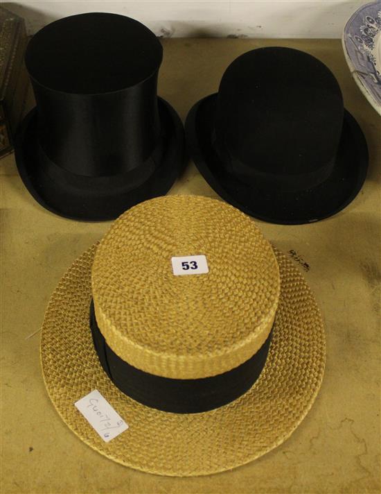 Straw boater, bowler & silk top hat